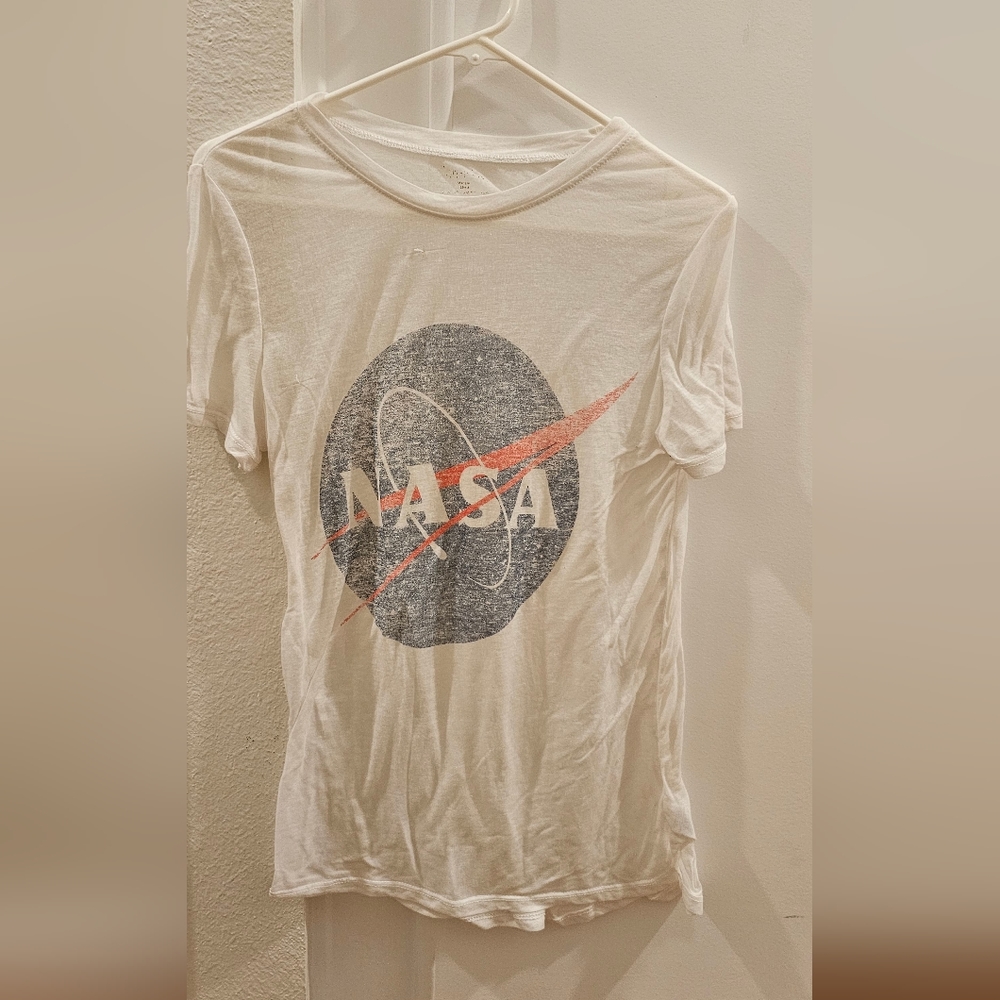 NASA semi-shear white/cream and blue tee shirt, size M
